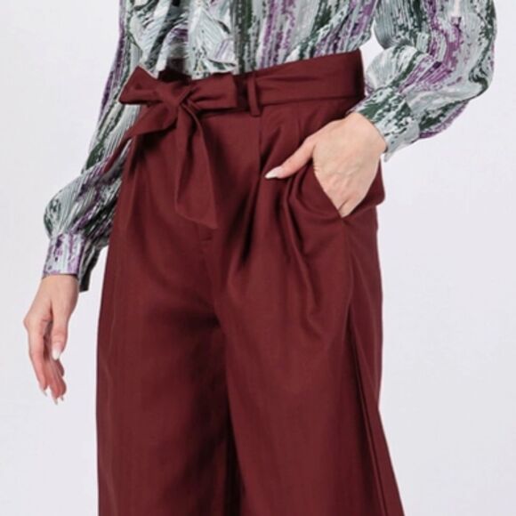 Wide Leg Pleated High Waist Belted Rust Colored Pants Ruffle Side Pockets - Picture 3 of 6